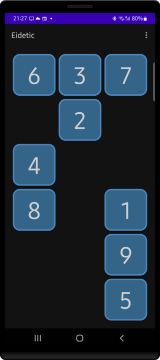 Screenshot of an app showing a 3-by-6 grid in which the numbers from 1 through 9 are scattered (with plenty of grid cells left empty).