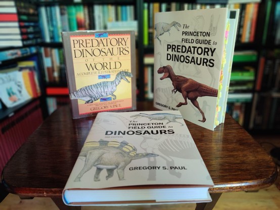 A photo of three books standing on a small, brown, wooden table. On the left, standing up, Predatory Dinosaurs of the World. In the middle, lying down, The Princeton Field Guide to Dinosaurs. On the right, standing up, The Princeton Field Guide to Predatory Dinosaurs, annotated with mostly yellow post-it notes. The out-of-focus background shows black shelves full of books and part of the beech-coloured laminate floor.