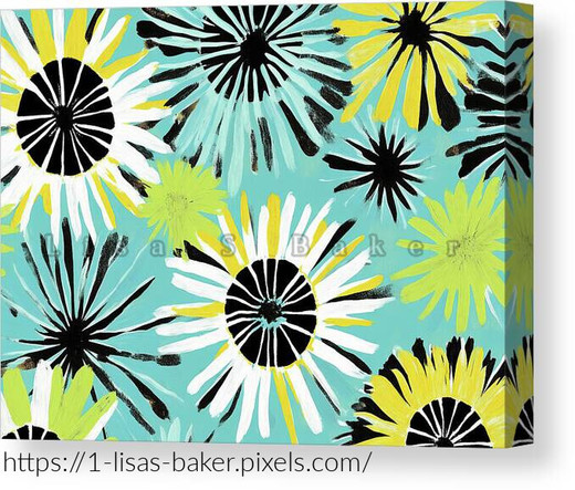Brightly colored flowers with bold black centers are scattered across a turquoise background. The petals are painted in white, yellow, and green, creating a lively and vibrant design. Whimsical art by Lisa S Baker.