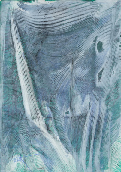 Abstract painting in portrait format; Teal and grey surfaces, reworked with a scraper, giving it a fabric look