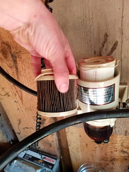 Racor filter with the top open and a new white paper filter half inserted. A hand holds the old one, blackened and cruddy and somewhat crumpled.