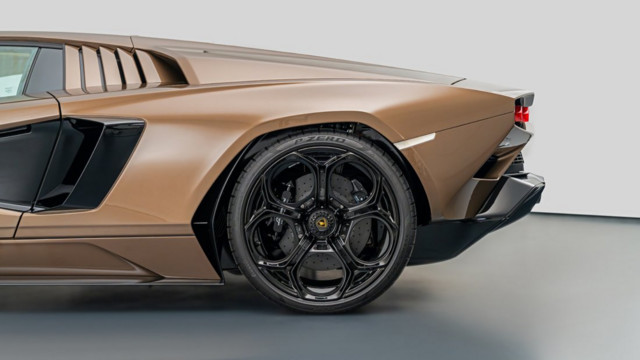 a photo of the back end of the vehicle, seen from the side, it is facing right