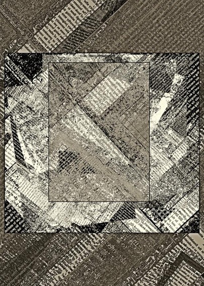 Lines of text are in various sizes and angles, creating a series of textured deconstructed text patterns.