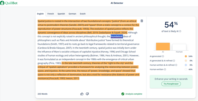 A screenshot showing 54% chance that some of a recent academic abstract from a paper in Science Direct is written by AI.