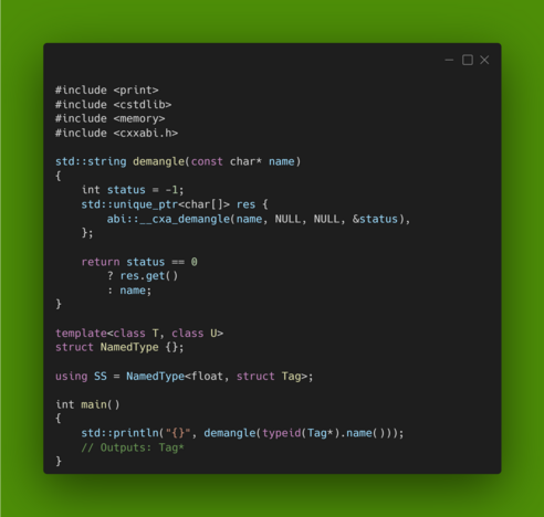 C++ code snippet showing how to demangle C++ identifiers under GCC/Clang and how a "tag" type can happen.