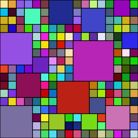 A computer generated picture of multicoloured squares of various sizes packed into a 17 by 17 grid