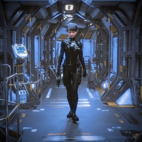 description by chatgpt: A woman walks confidently down the center of a high-tech spaceship corridor. She wears a sleek, glossy black tactical bodysuit with armored sections, gloves, and reinforced boots. Her short, dark hair is styled neatly, and her expression is calm and focused. On her chest is a designation: "PX-423." In her right hand, she carries a compact, futuristic pistol that glows faintly green at the barrel.

The corridor is metallic and industrial, with angular support beams, glowing panels, and yellow warning stripes. The lighting is cool blue and evenly distributed, casting a slight sheen on the floor and suit. Monitors and control panels line the walls, displaying data and diagnostics. Pipes and wiring run along the ceiling and floor, reinforcing the utilitarian design of the vessel.

The environment suggests a starship or advanced space station, and the woman's poised stride and armed presence hint at a mission in progress or a patrol through secured quarters. Her futuristic attire and surroundings convey a setting rooted in science fiction and spacefaring adventure.
