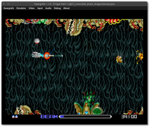 🕶️ A view of its UI (version 1.1.0, dark theme, on my Linux PC) with the game R-Type, a horizontal space shooter, with tons of robots and monsters to eliminate. The emulator menus are displayed at the top, while the rest is devoted to the game in progress.

📚️ Geargrafx is a libre, multi-platform TurboGrafx-16 / PC Engine console emulator. It has an interface or can be run from the command line, and features HLE BIOS support (no need for an external BIOS), drag-and-drop content, compressed content, state saving, modern controllers, automatic game/sound interruption on loss of focus. It also offers a full debugger (with just-in-time disassembler, CPU breakpoints, memory access breakpoints, code navigation, debugging symbols, automatic labels, memory editor, PSG inspector and video viewer including registers, tiles, sprites and backgrounds). A good emulator.