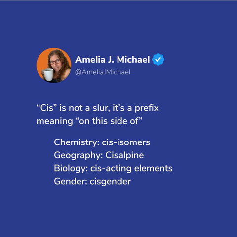 Photo describing that Cis is not a slur, it’s a prefix meaning “on the same side of”.