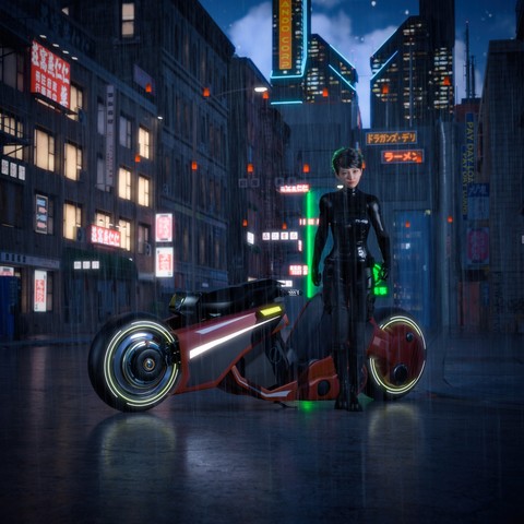 Description by ChatGPT: A woman in a sleek black bodysuit stands confidently in the rain beside a futuristic motorcycle in the middle of a neon-lit city street. The tall buildings around her are covered in glowing signs written in Japanese, and the wet pavement reflects their vibrant light. She has short dark hair and a calm, focused expression. Her bodysuit bears the label “PX-429”. The atmosphere is moody and cinematic, suggesting a cyberpunk or sci-fi setting.