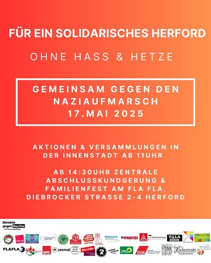 Demoaufruf, weiße Schrift auf rotem Hintergrund (Text im Post). Unten weißer Streifen mit Logo Bündnis gegen Rechts im Kreis Herford sowie 27 weiteren Logos von Gewerkschaften, zivilgesellschaftlichen Organisationen sowie Die Linke, Linksjugend ['solid], Bündnis 90 DIE GRÜNEN, Grüne Jugend, DIE PARTEI, SPD