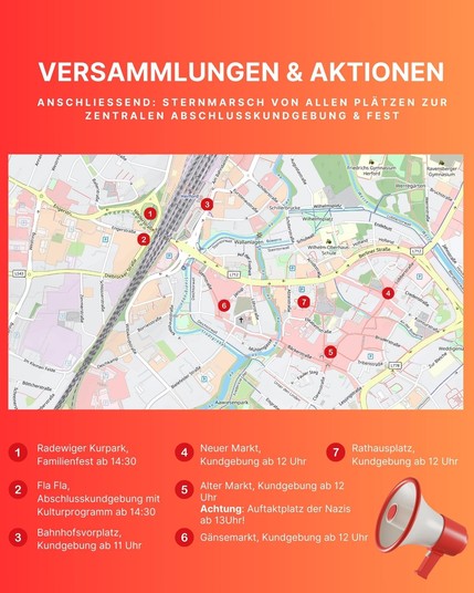 Stadtplan Herforder Innenstadt mit markierten Orten: 1. Radewiger Kurpark, Familienfest ab 14:30, 2. FlaFla Abschlusskundgebung mit Kulturprogramm ab 14:30, 3. Bahnhofsvorplatz ab 11, 4. Neuer Markt, Kundgebung ab 12 Uhr, 5. Alter Markt, Kundgebung ab 12 Uhr Achtung: Auftakt der Nazis ab 13 Uhr, 6. Gänsemarkt Kundgebung ab 12 Uhr, Rathausplatz, Kundgebung ab 12 Uhr