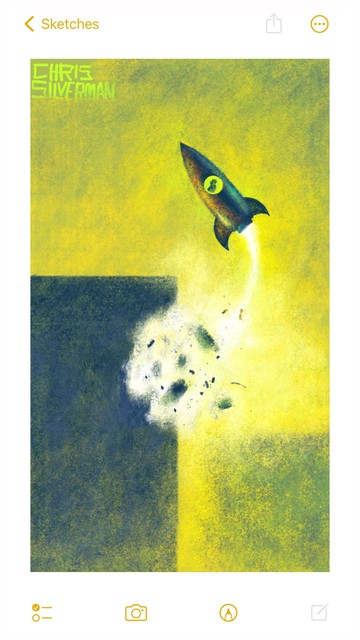 The large outlines of two windowless tenement buildings loom out of a foggy yellow sky. A rocket ship is bursting out of the wall on the left-side building, the wall flying apart in an explosion of white light and debris. The rocket continues into the sky, leaving a white trail behind it. A small glowing green portal on the side of the rocket chose a person sitting inside. The painting is signed "Chris Silverman".