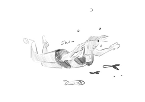 A sketch depicting a person swimming underwater, with bubbles and small fish present in the scene.
