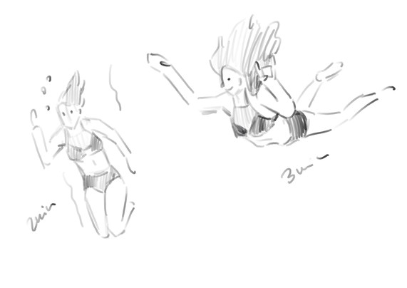 A simple sketch depicting 2 characters underwater. Both are wearing a bikini and have stylized hair. Bubbles and motion lines indicate movement in the water. These are rough 2min and 3min poses