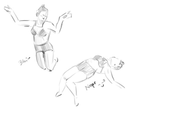 2 sketches of 3min poses. The one on the left is floating with their arms up and knees to their body the other Pose didn’t turn out good. I couldn’t make the perspective work and now it looks like they‘re dying uncomfortable 😅