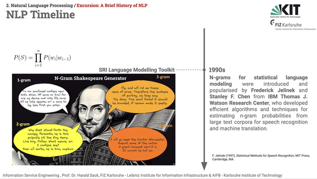 Slide from Information Service Engineering 2025, LEcture 02, Natural Language PRocessing 01, A Brief History of NLP, NLP timeline. The timeline is located in the middle of the slide from top to bottom. The pointer on the timeline indicates 1990s. On the left, the formula for conditional probability of a word, following a given series of words, is given as a formula. Below, an AI generated portrait of William Shakespeare is displayed with 4 speech buubles, representing artificially generated text based on 1-grams, 2-grams, 3-grams and 4 grams. The 4-grams text example looks a lot like original Shakespeare text. On the right side the following text is displayed: 
N-grams for statistical language modeling were introduced and popularised by Frederick Jelinek and Stanley F. Chen from IBM Thomas J. Watson Research Center, who developed efficient algorithms and techniques for estimating n-gram probabilities from large text corpora for speech recognition and machine translation.

Bibliographical reference:
F. Jelinek (1997), Statistical Methods for Speech Recognition, MIT Press, Cambridge, MA.