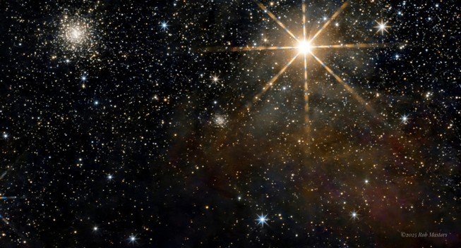 A bright red star with eight rays shooting out from it is just to the right of the top centre. In the extreme top left is an almost circular tight cluster of stars. Below the big red star is a red-orange cloud of nebula.