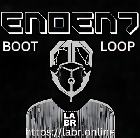 Black and white. Black Background with white accents around Enoent's name. The words boot loop in capitals under that. A picture of a figures shaped into a person. The labr logo in black & white "black background, & white letters" on the persons shirt right under their collar. And the website under that. https://labr.online