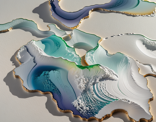Sculptural abstract segments containing fluid pieces of ocean, with breaking waves in blue and teal tones outlined in gold on a neutral background.