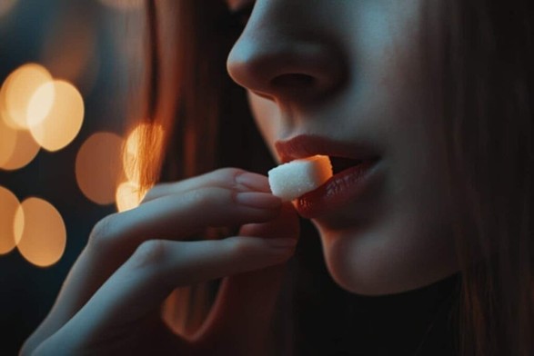 This shows a woman eating a sugar cube.