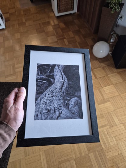 In this image, we see a hand holding a picture frame. The picture frame is rectangular in shape and has a black dominant color, contrasting against a brown background. The frame is being held by a person indoors, standing on a floor. The scene also includes a vase and a painting in the background. The composition suggests a sense of art and creativity, with the focus on displaying a print within the frame. . Overall, the setting conveys a sense of sophistication and aesthetic appreciation.