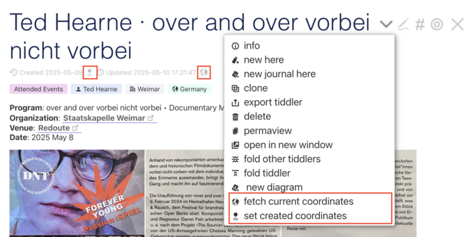 a screenshot of a TiddlyWiki page with some GUI elements highlighted with red rectangles.