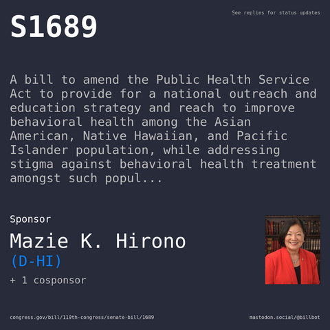 Description of S1689, and a depiction of its sponsor, Mazie K. Hirono.