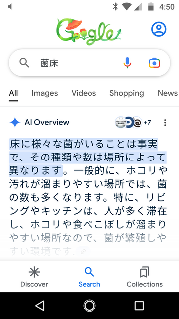 The Japanese text of a Google AI Overview reading (in English translation), "It is a fact that there are various kinds of bacteria on the floor, but their type and number vary from place to place."