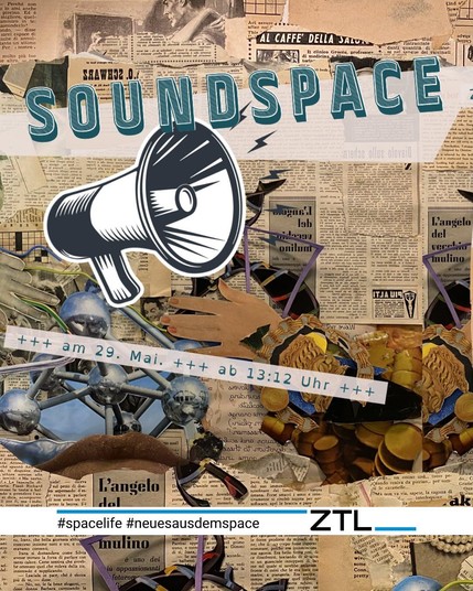 Ein Plakat für unseren Soundspace am 29.05.2025 ab 13:12 Uhr im ZTL Landau. Das Plakat zeigt auf dieser Seite in Brauntönen gehaltene Zeitungsschnipsel. Ein stilisiertes Megafon im Vordergrund, in grau hinterlegte Schriftzüge zeigen Details zur Veranstaltung. Die Bildkomposition ist dynamisch und fällt ob der einheitlichen, leicht dezenten Farbwahl schnell auf.