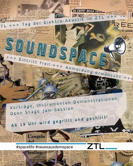 Ein Plakat für unseren Soundspace am 29.05.2025 ab 13:12 Uhr im ZTL Landau. Das Plakat zeigt auf dieser Seite in Brauntönen gehaltene Zeitungsschnipsel. Ein groß abgebildeter grau hinterlegter Papierabschnittz zeigt Details zur Veranstaltung. Die Bildkomposition ist dynamisch und fällt ob der einheitlichen, leicht dezenten Farbwahl schnell auf.