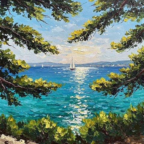 A serene seascape features a sailboat gliding along shimmering water, framed by lush green branches. The sky is dotted with soft clouds and distant sailboats enhance the peacefulness of the scene.