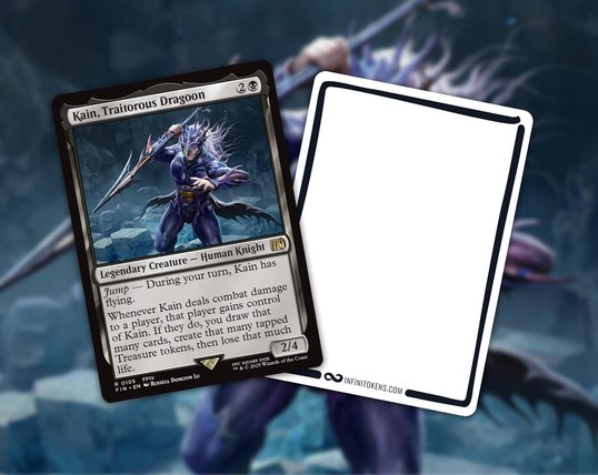 Kain, Traitorous Dragoon 
{2}{B} 
Legendary Creature — Human Knight 

Jump — During your turn, Kain has flying. 

Whenever Kain deals combat damage to a player, that player gains control of Kain. If they do, you draw that many cards, create that many tapped Treasure tokens, then lose that much life.