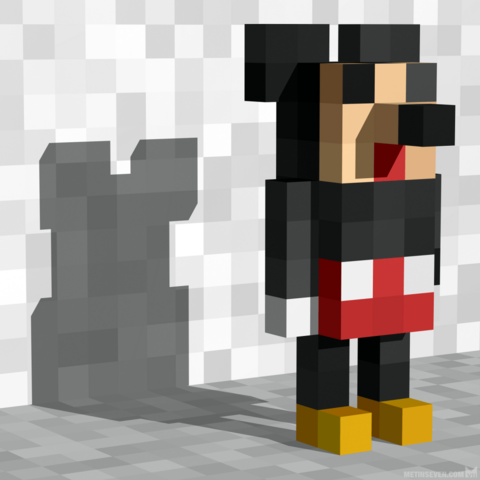 A very stylized, semi-abstract rendition of Mickey Mouse, in a low-resolution voxel art style.