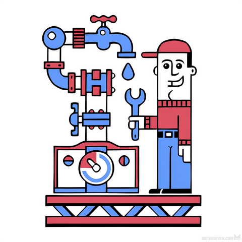 Logo design featuring a plumber character design, standing next to a pipe construction.