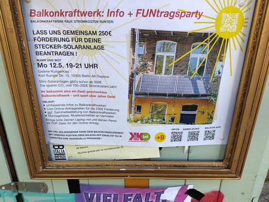 flyer mit viel Text zu balkonkraftwerke und Antrag für 250€ Förderung usw. 12.5. - 19-21 Uhr in der Galerie Kungerkiez