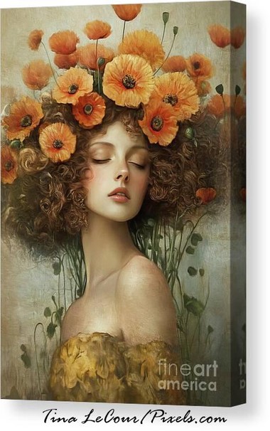 This is a canvas portrait of a pretty girl with brown curly hair wearing a crown of a orange poppy flowers.