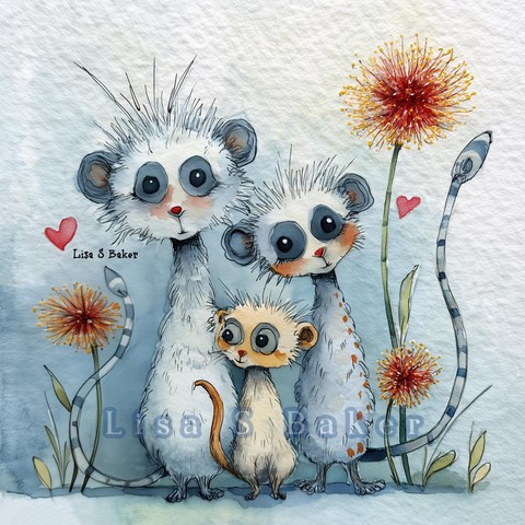 This heartwarming illustration features three whimsical meerkats with fluffy fur, oversized eyes, and delightfully endearing expressions. Surrounded by cheerful blooms and floating red hearts, the scene radiates love, connection, and a playful sense of family. Rendered in soft textures and dreamy colors, this charming artwork adds a touch of storybook magic to any space. Art by Lisa S Baker.