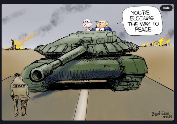 A colour cartoon showing a large tank on a road with the gun lowered and pointing at a man with the name ‘Zelenskyy’ printed on his back.
Sitting in the turret are putin & trump who’s saying 
“You’re blocking the way to peace”
Fires are raging in the background
