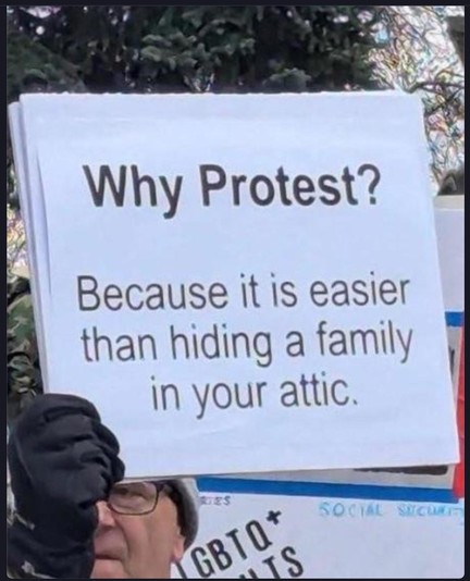 This is a photo of a protester holding a board in his hand with the words - 

“ Why Protest?
Because it is easier than hiding a family in your attic.”