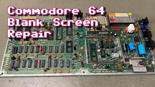 Thumbnail for my video, showing a Commodore 64 PCB on my workbench. Some of the main ICs are missing and there are several damaged components and a strange power switch. The overlayed text reads "Commodore 64 Blank Screen Repair".