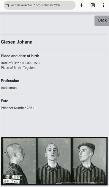 Screenshot from https://victims.auschwitz.org/victims/77907

Giesen Johann

Date of Birth : 03-09-1920
Place of Birth : Tegelen

Profession
tradesman

Fate
Prisoner Number 23611

[Photo: in-captivity three pane picture]