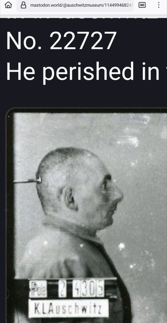 Zoomed in screenshot of https://mastodon.world/@auschwitzmuseum/114499468243713288

Visible text at the top:

No. 22727
He perished in

Below that a photo that clearly shows:

Pole 24305
K.L.Auschwitz