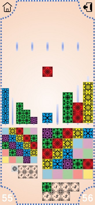 screen shot showing an almost completed game of Azul. There are lots of small square tiles coloured yellow, blue, purple, green and red. Some of the tiles are stacked in columns of the same colour. Other tiles are arranged in a 5x5 square where tiles along a diagonal have the same colour. There is one red tile at the top of the board which is yet to be placed.