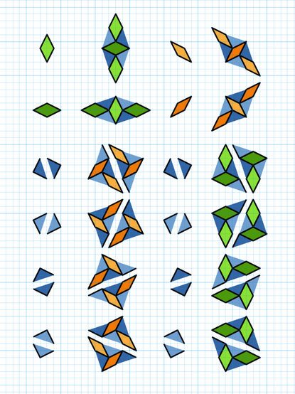 Description: Replacement rules for various tiles in a knight polygon ammann-beenker tiling.
Alternate: A table of tiles; the first and third column hold individual tiles: thick (green) and thin (orange) rhomboids, as well as squares split in half; the second and fourth columns hold the corresponding replacements; each of the original tiles made out of 5-7 smaller tiles.
The split-in-half square tiles are listed twice: once with thick rhomboids, and once with this ones.