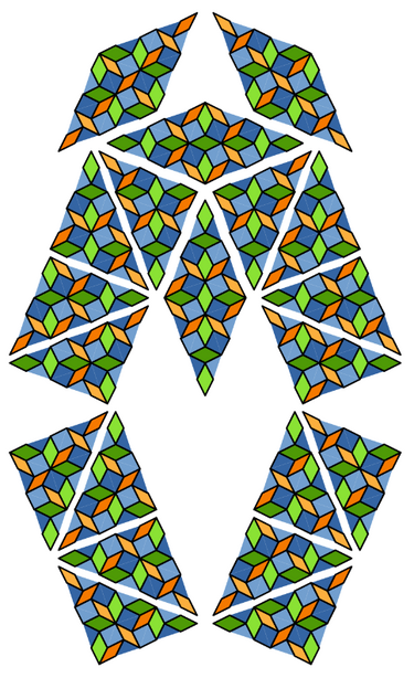 Description: 2nd order replacement tiles.
Alternative: An M and a V (plus some extra rhomboids above the M) made out of a mosaic of tiles.