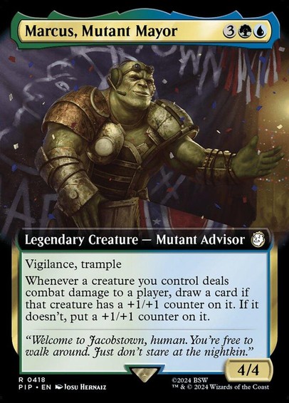 Card Name: Marcus, Mutant Mayor
Set: Fallout
Description: Vigilance, trample
Whenever a creature you control deals combat damage to a player, draw a card if that creature has a +1/+1 counter on it. If it doesn't, put a +1/+1 counter on it.
Artist: Josu Hernaiz