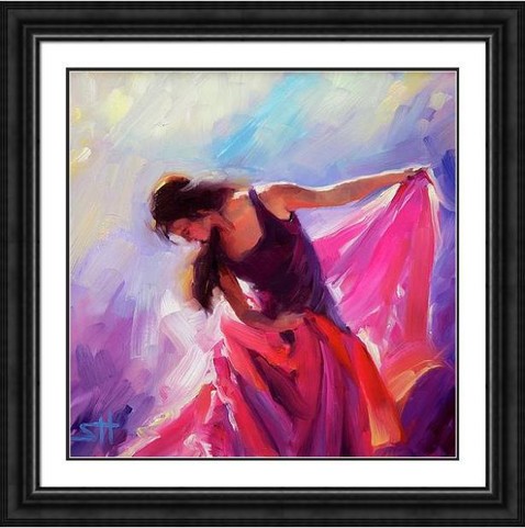 Framed print of an original oil painting depicting a woman in dance pose, set against an abstract background.