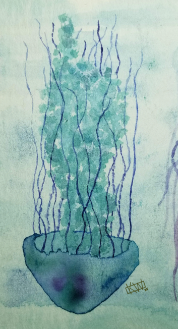Watercolor sea jelly swims deeper into the ocean. It has a blue-purple bell, purple tentacles, & teal oral arms.