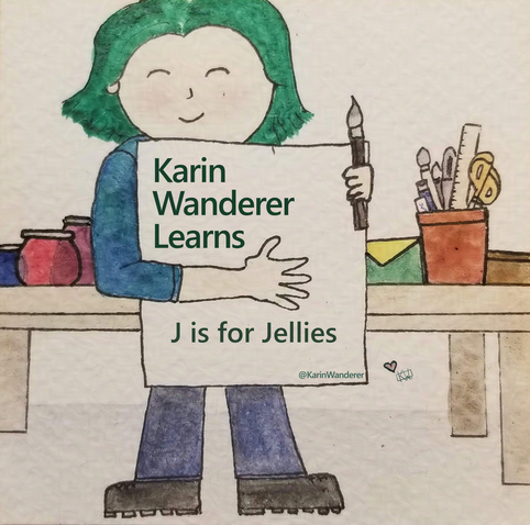 Title Card features watercolor & ink painting of a pale woman with short green hair smiling & holding a paintbrush & a large piece of paper that says “J is for Jellies”. The table behind her is covered in art supplies & mysterious bottles.